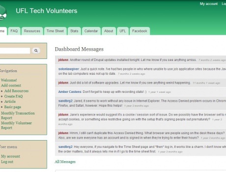 The front page of the UFL Tech Volunteers Online Dashboard.