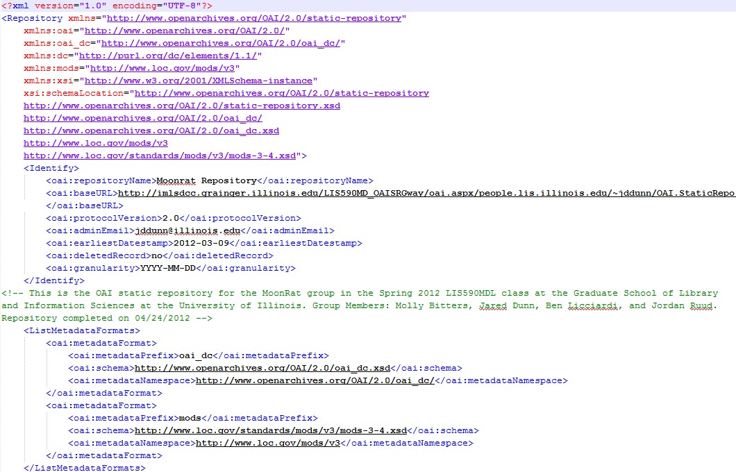 Sample of the code for the OAI-PMH repository created for this project.